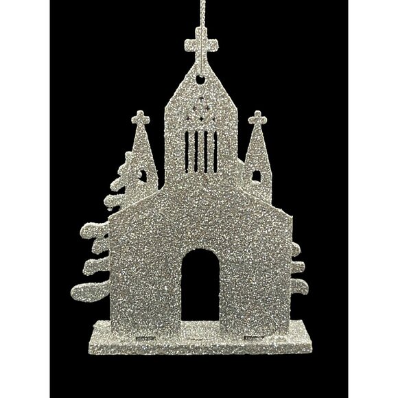 VINTAGE Silver Glitter Church Hanging 3D Christmas Ornament - Picture 3 of 4